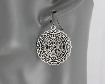 antiqued Silver earrings round disc stamped medallion dangle drop earrings french hook 1.5" long silver medallion earrings