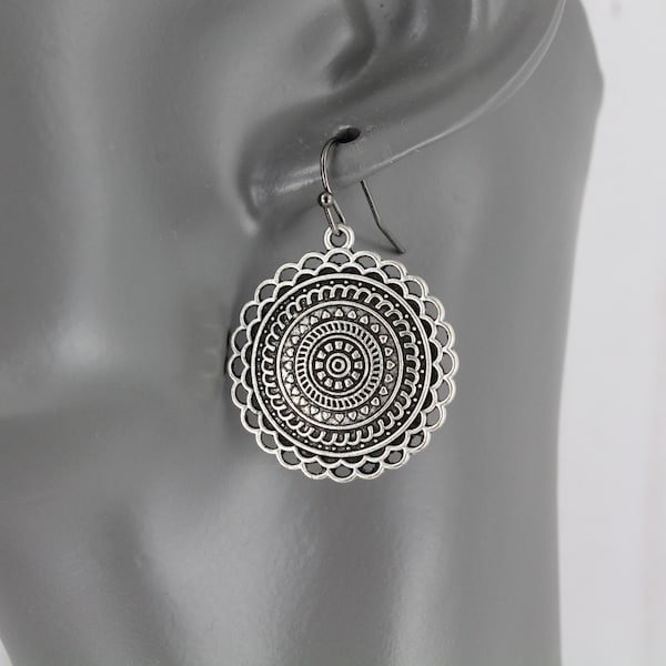 antiqued Silver earrings round disc stamped medallion dangle drop earrings french hook 1.5" long silver medallion earrings