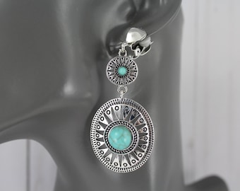 Clip on earrings Silver turquoise beaded stamped medallion dangle drop earrings 2.75" long turquoise bead antiqued silver clips