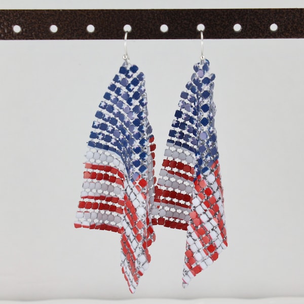 American flag earrings dangle dangly flowy lightweight 3.75" long Patriotic red white blue wiggly earrings liquid metal mesh july 4th