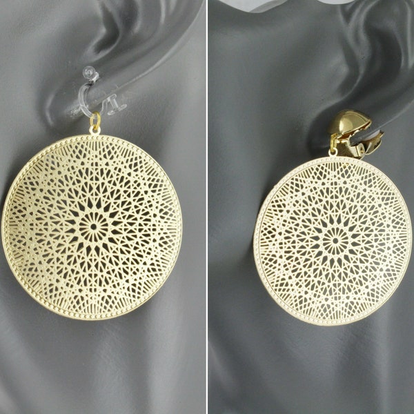 Clip On earrings gold medallion round filigree circle clips non pierced Dangle gold classic style clip or clear omega invisible ear clip