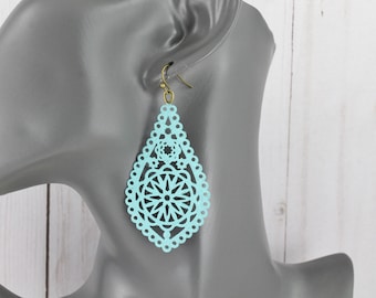 Turquoise earrings Filigree Earrings teardrop 3" long Moroccan Medallion Big Dangle scroll lightweight aqua green filigree teardrop earrings