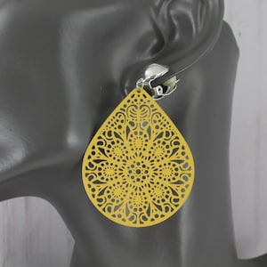 mustard yellow clip on earrings filigree teardrop dangle clip medallion clips non-pierced earrings 2.5&quot; long boho style big earrings