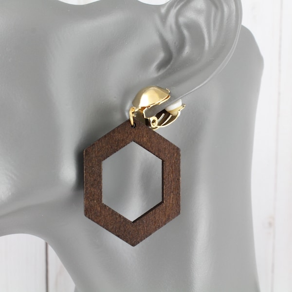 Dark Brown clip on earrings hexagon lightweight wood dangle clip earrings clips non-pierced earrings 2 1/8" long gold clips