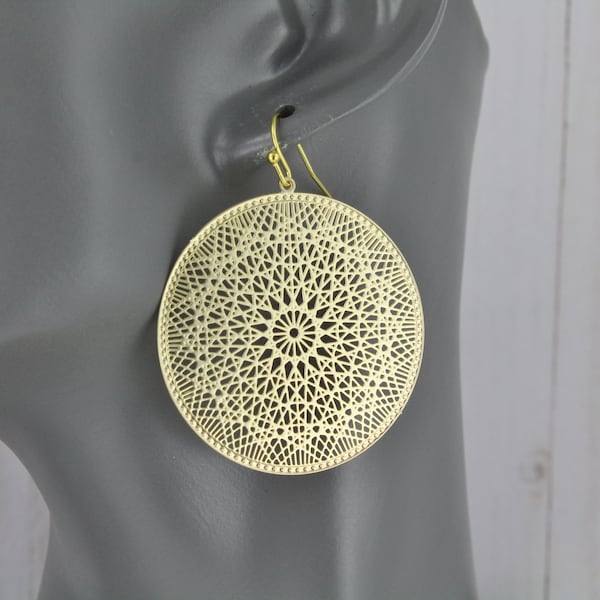 gold disc earrings filigree medallion scroll cut out round mandala dangle earrings gold dangle earrings 2 1/8" long very lightweight