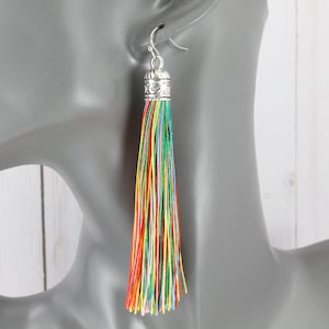 May include: A pair of long, colorful tassel earrings with a silver metal top. The tassels are made of multiple strands of thread in various colors, including red, orange, yellow, green, blue, and purple.