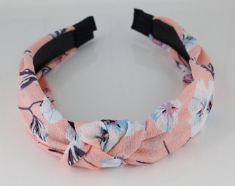 Pink floral headband turban knot top knot hair band soft lightweight fabric knotted headband gauze crepe flowers