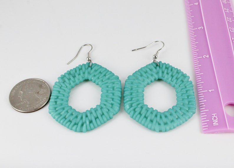 Aqua earrings woven lightweight plastic dangle cutout oval hexagon 2.5 long Turquoise Teal plastic basketweave pendant