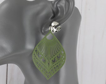 Green clip on earrings filigree teardrop dangle clip medallion clips non-pierced earrings 3" long boho style big earrings olive green