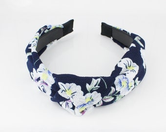 Navy Blue floral headband turban knot top knot hair band soft lightweight fabric knotted headband gauze crepe flowers