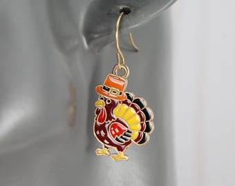 Turkey earrings Thanksgiving enamel turkey pendant 1.5" long small lightweight autumn fall harvest pilgrim hat