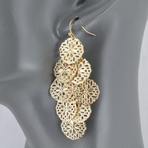 Gold chandelier earrings filigree earrings dangle cut out pattern lightweight 2.5&quot; long shiny filigree pendants