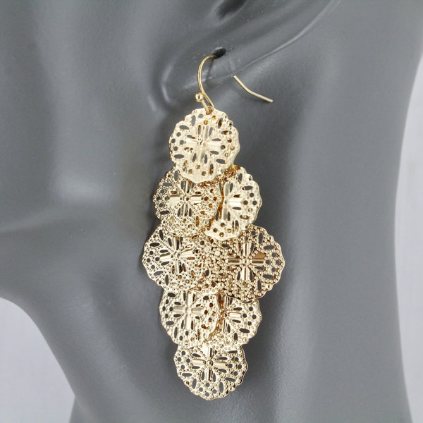 Gold chandelier earrings filigree earrings dangle cut out pattern lightweight 2.5" long shiny filigree pendants