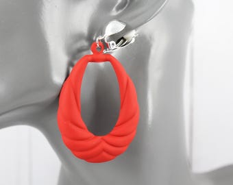 Clip on earrings Red teardrop dangle oval pendant silver clips lightweight non-pierced 2.75" long