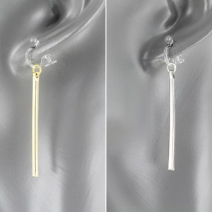 Clip On earrings skinny bar pendant invisible clips line Earrings Boho omega clip lightweight Dangle 2" long silver or gold skinny bar stick