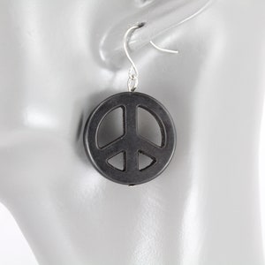 black Peace sign dangle earrings 1 5/8&quot; long stone pendant flower power hippie earrings , peace earrings, peace symbol, peace signs