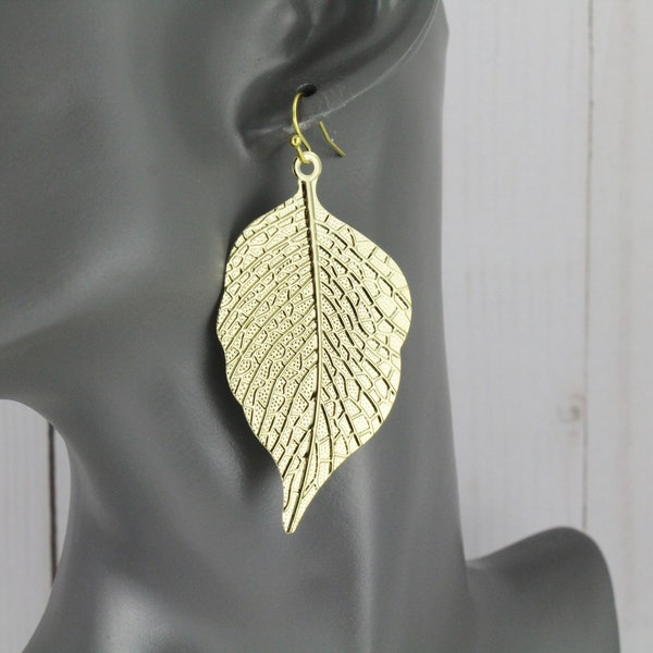 Gold leaf earrings filigree leaf earrings dangle leaves jewelry lightweight earrings 2 7/8" long lightweight textured