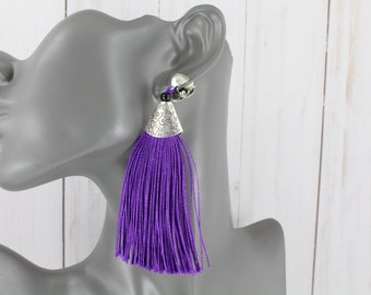 Purple Tassel clip on earrings dangle 4" long clip earrings thread fringe tassel earrings clips non-pierced earrings silver purple