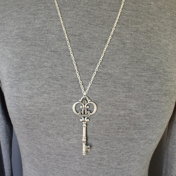 skeleton key necklace 28" long chain skeleton key outline pendant old fashioned antique look fancy key antiqued silver key silver chain