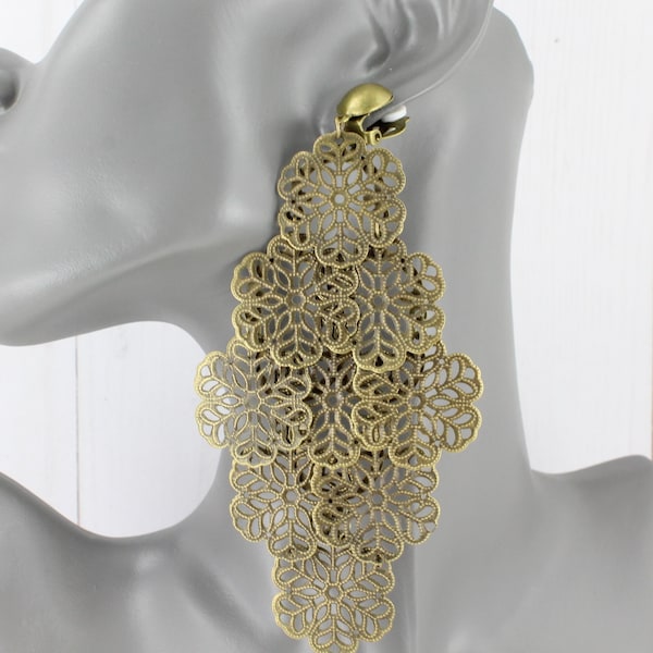 Bronze clip on earrings Big Huge chandelier dangle clips flower floral filigree metal 5" long wiggly flowy clips non-pierced earrings