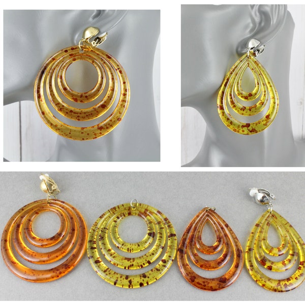 Clip On earrings amber plastic disc clips teardrop big pendants clip Dangle yellow brown amber outline medallion disc clip earrings