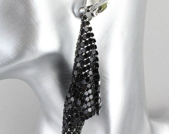Black clip on earrings lightweight dangle clips liquid mesh metal 3.75&quot; long flowy clips non-pierced earrings 70s vintage disco style