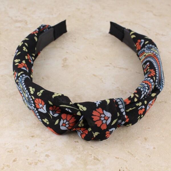 Black floral headband turban knot top knot hair band soft lightweight fabric knotted headband gauze crepe flowers paisley