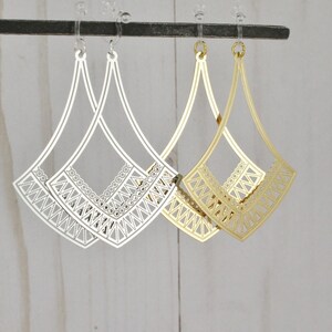 Clip On earrings Gold Silver invisible clips teardrop Filigree Earrings omega clip Moroccan Medallion lightweight Dangle shiny 2.5" long