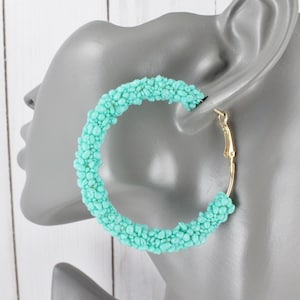 turquoise Beaded hoop earrings seed beads 2.25&quot; wide lever back hoops earrings bead hoop summer cruise aqua light teal mint green