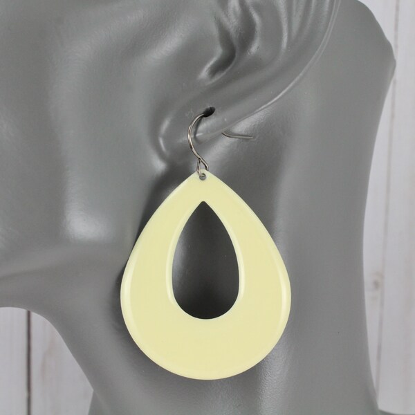 Cream Off-White earrings teardrop painted enamel lightweight 2 3/8" long dangle earrings Cream Ivory color