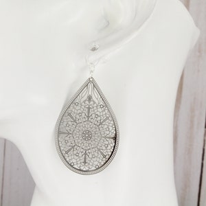 Clip On earrings Silver invisible clips teardrop Filigree Earrings Boho omega clip Moroccan Medallion lightweight Dangle shiny 2 3/8&quot; long