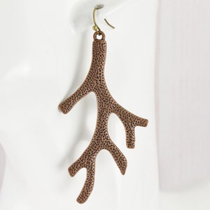 dark copper coral earrings dangle drop french hook 3 1/8&quot; long lightweight comfortable Big Huge faux coral reef metal sea branch