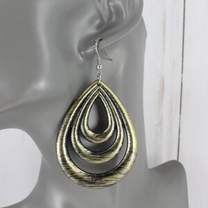 Dark Gold Black earrings teardrop earrings big plastic oval disc lightweight dangle oval plastic disc 3 1/8&quot; long brushed pattern