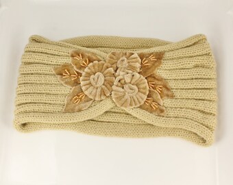 Camel Light Brown velvet flowers turban style crochet ear warmer muff head band wrap ribbed knit soft ear warmers hat beige