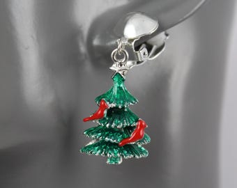 Clip On Christmas tree earrings red cardinal birds dangle winter 1 7/8" long clip on non pierced