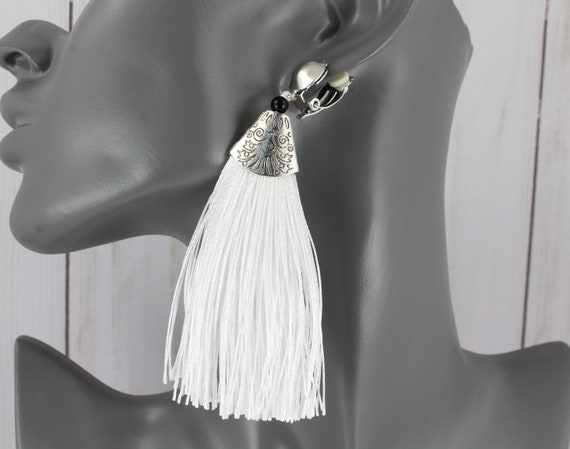 White tassel clip on best sale earrings
