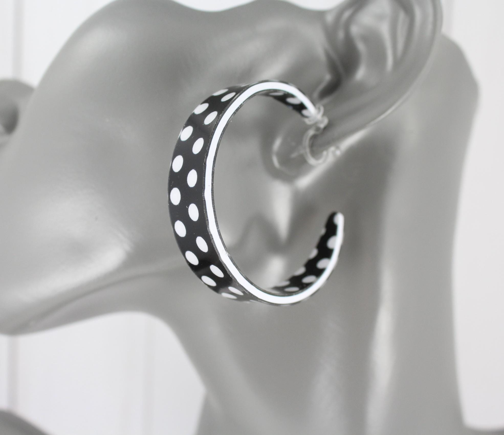 Clip On polka dot hoop earrings plastic lightweight hoops 1 7/8" wide acrylic clear omega clips non-pierced earrings Black White polka dots