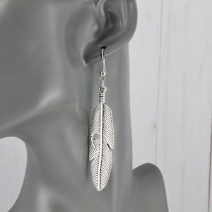 Silver feather earrings metal feather dangle earrings leaf earrings 3 1/8" long metal leaf textured