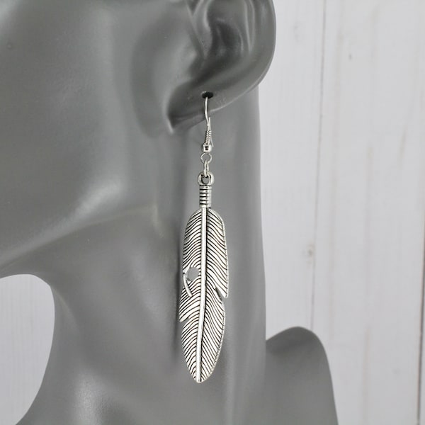 Silver feather earrings metal feather dangle earrings leaf earrings 3 1/8" long metal leaf textured