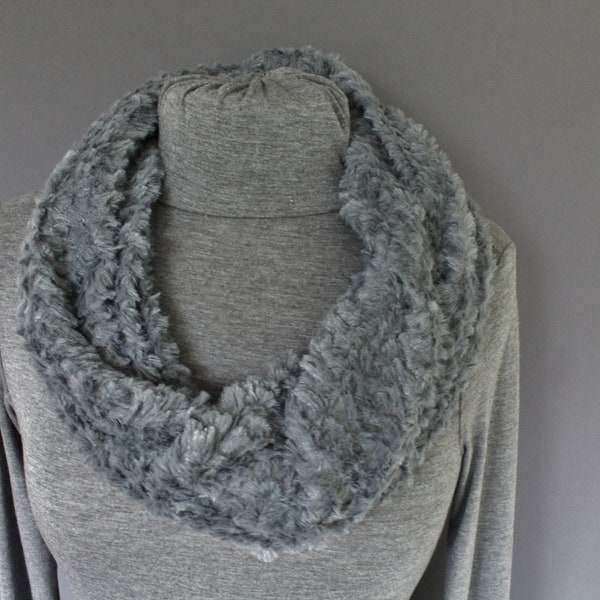 Grey scarf faux fur soft infinity scarf cowl neck fluffy soft loop infinity circle winter scarf  warm and cozy dark gray grey