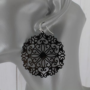 Black Filigree Earrings Round circle disc lace pendant Boho Chic Moroccan Medallion Bohemian Filigree big Dangle Earrings 2.25" long