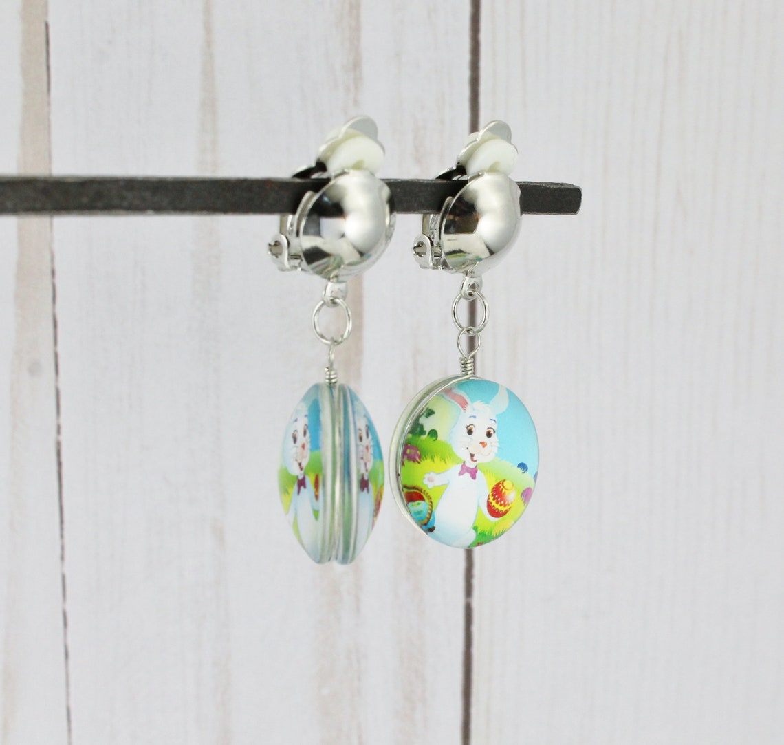Clip On Easter Bunny earrings Silver ear clip Nonpierced Etsy