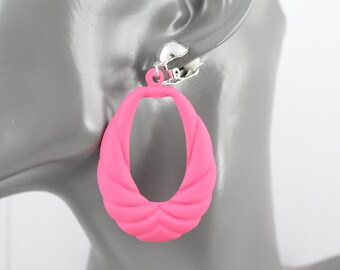 Clip on earrings Pink teardrop dangle oval pendant silver clips lightweight non-pierced 2.75" long