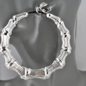 Silver Clip On earrings bamboo hoops hollow textured pendant clips lightweight 3.75&quot; long 3.25&quot; wide hoop big large hoops