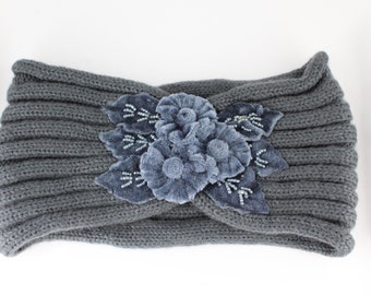 Dark Grey velvet flowers turban style crochet ear warmer muff head band wrap ribbed knit soft ear warmers hat