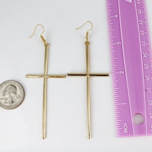 long Gold Cross dangle earrings 3 7/8 long lightweight big huge cross pendant dangly cross pendant earrings easter image 2