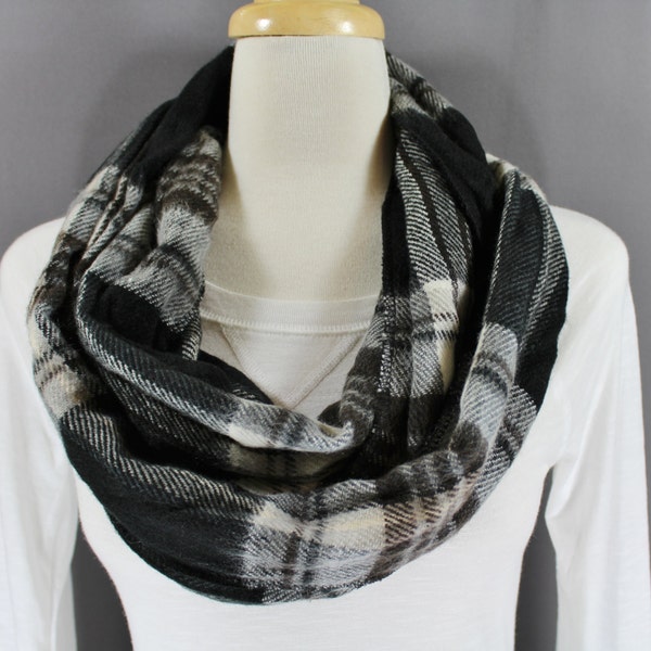 Black Grey White Brown plaid tartan super soft infinity endless loop cowl long circle scarf Fall Autumn