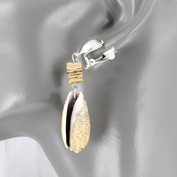 Clip On earrings shell bead dangle earrings beaded disc shell 2.5" long lightweight clip on silver non pierced clips cowrie conch