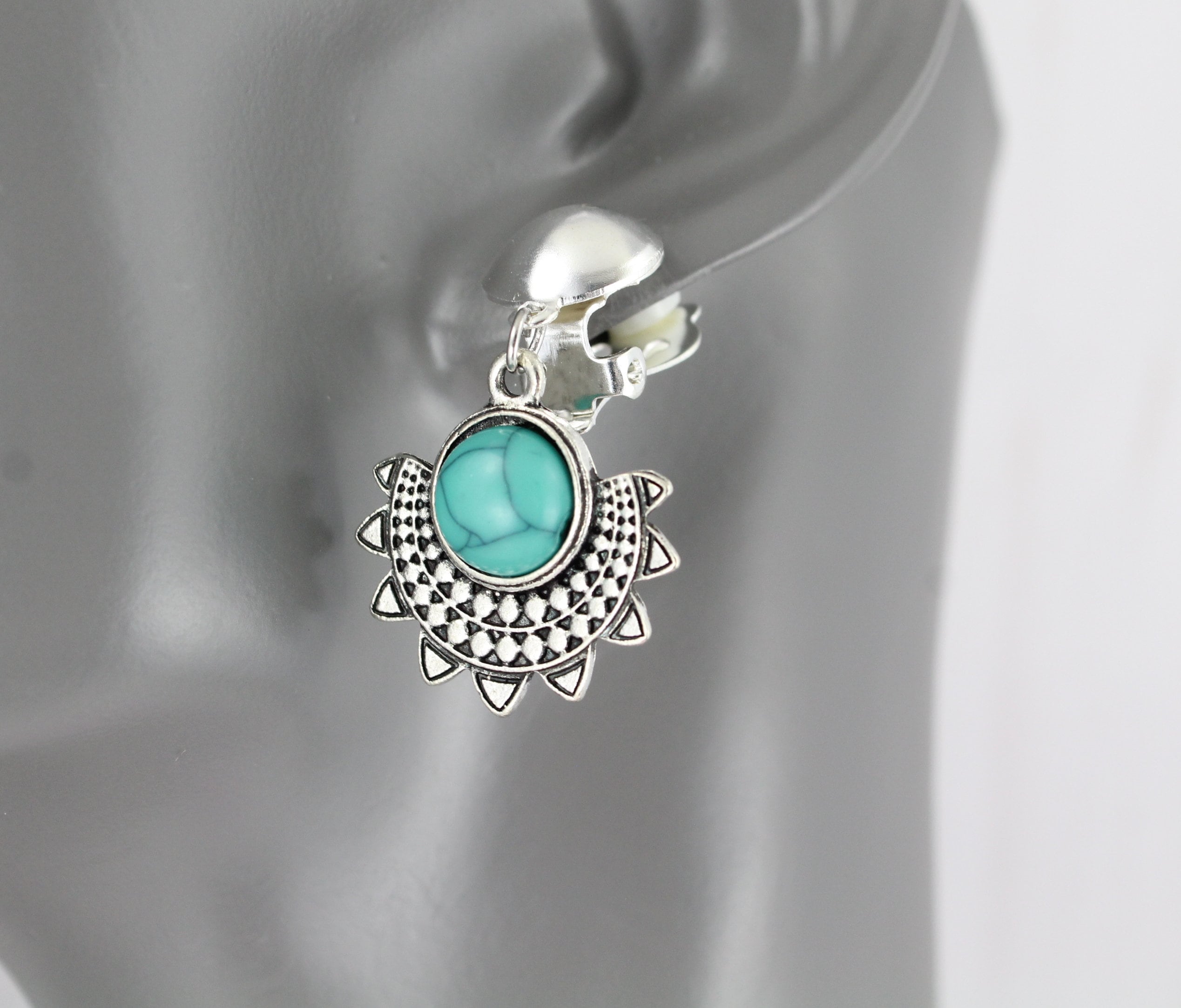 Clip on Earrings Silver Turquoise Beaded Stamped Medallion Dangle
