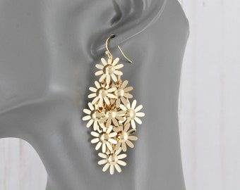 Gold chandelier earrings daisy flower earrings dangle cut out pattern lightweight 2.5" long shiny gold daisies flower power